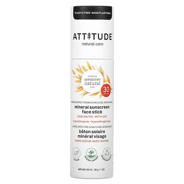 ATTITUDE‏, Oatmeal Sensitive Natural Care, Mineral Sunscreen Face Stick, SPF 30, Unscented, 1 oz (30 g)