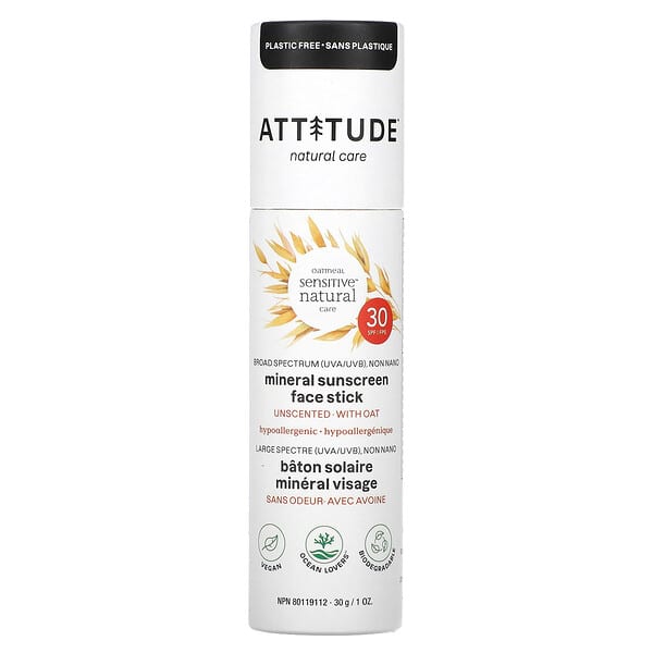 ATTITUDE‏, Oatmeal Sensitive Natural Care, Mineral Sunscreen Face Stick, SPF 30, Unscented, 1 oz (30 g)