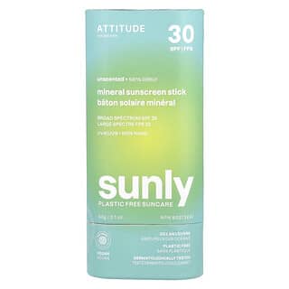 ATTITUDE, Sunly, Protector solar mineral en barra, FPS 30, Sin fragancia, 60 g (2,1 oz)