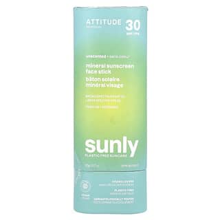 ATTITUDE, Sunly, Protector solar mineral en barra para el rostro, FPS 30, Sin fragancia, 20 g (0,7 oz)