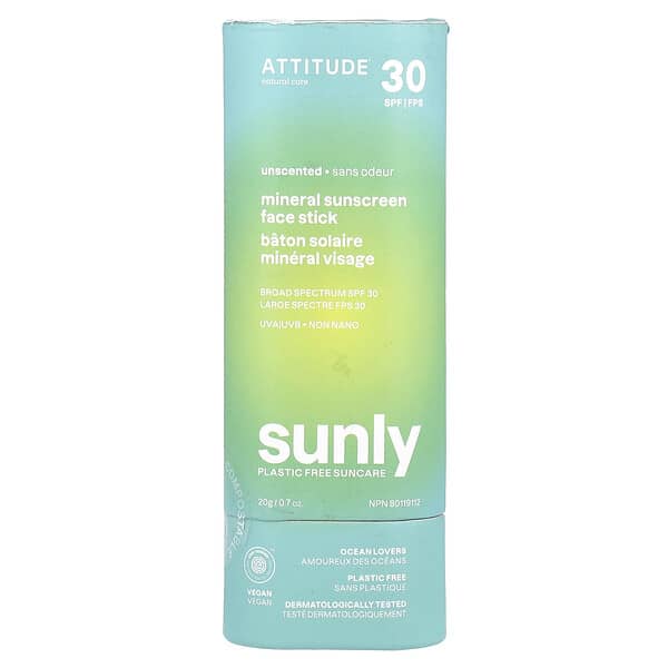 ATTITUDE, Sunly, 미네랄 자외선 차단제 페이스 스틱, SPF 30, 무향, 20g(0.7oz)