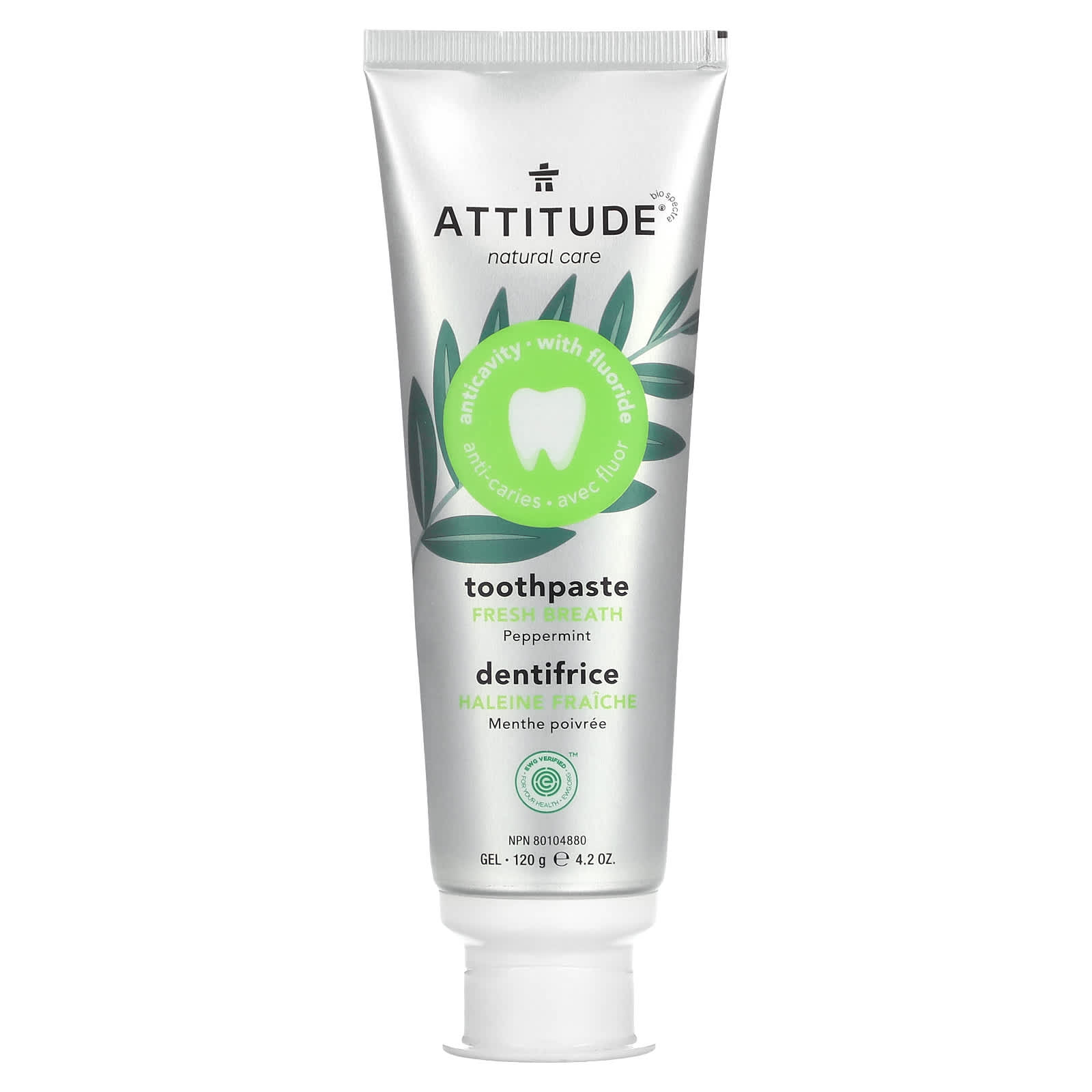 ATTITUDE, Fresh Breath Toothpaste Gel, Peppermint, 4.2 oz (120 g)