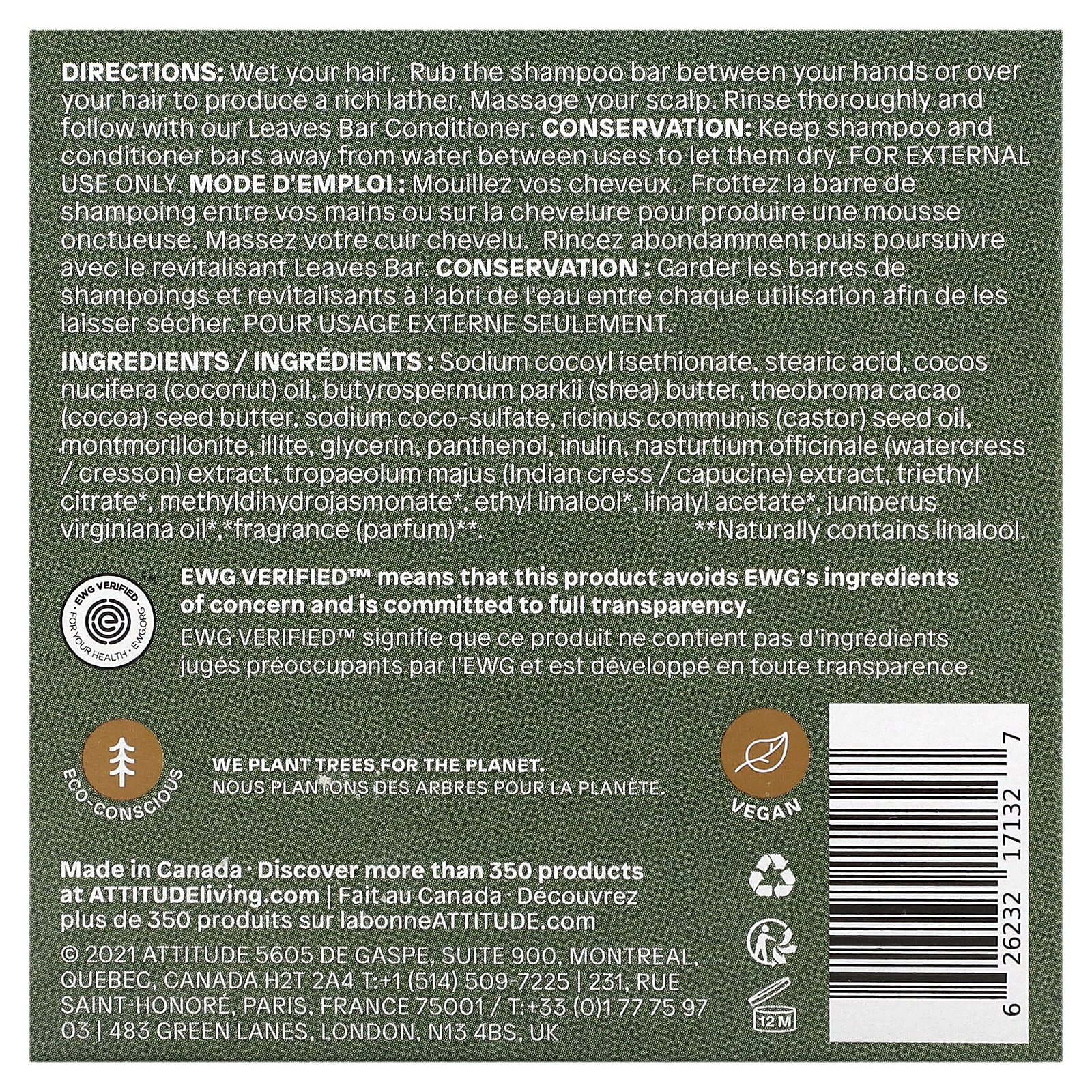 ATTITUDE, Leaves Bar, Hydrating Shampoo Bar, Herbal Musk, 4 oz (113 g)