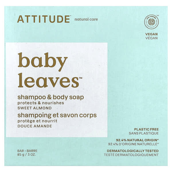 ATTITUDE, Baby Leaves™，洗髮和沐浴塊皁，甜杏仁質香味，3 盎司（85 克）