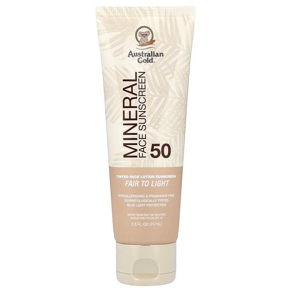 Australian Gold, Mineral Tinted Face Lotion Sunscreen, SPF 50, Fair to Light, 2.5 fl oz (74 ml)