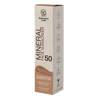 Australian Gold, Mineral-getönte Gesichtslotion, Sonnencreme, LSF 50, mittlere bis bräune, 74 ml (2,5 fl oz)