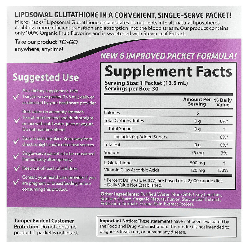 glutathione or vitamin c individual packet target Micro-Pack+®, Liposomal Glutathione, 30 Packets, 0.46 fl oz (13.5 ml) Each DNA Methylation Defined
