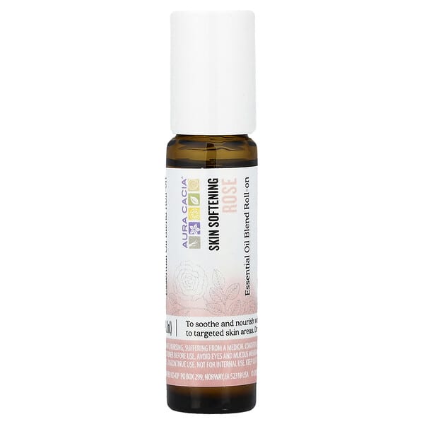 Aura Cacia, 에센셜 오일 혼합물, 스킨 소프트닝 롤온, 장미, 9.2ml(0.31fl oz)