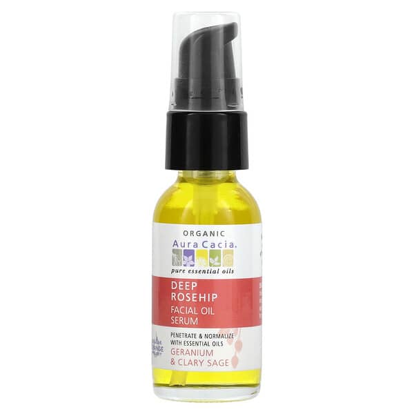 Aura Cacia, Organic Deep Rosehip Facial Oil Serum, Geranium & Clary Sage, 1 fl oz (30 ml)