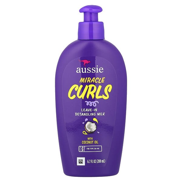 Aussie, Miracle Curls, Leite Desembaraçante Leave-In com Óleo de Coco, Para Tipos 3A-4A, 200 ml (6,7 fl oz)