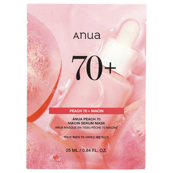Anua, Peach 70 나이아신 세럼 뷰티 마스크, 1매, 25ml(0.84fl oz)