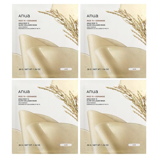 Anua, Rice 70 글로우 콜라겐 뷰티 마스크, 4매, 개당 38g(1.34oz)
