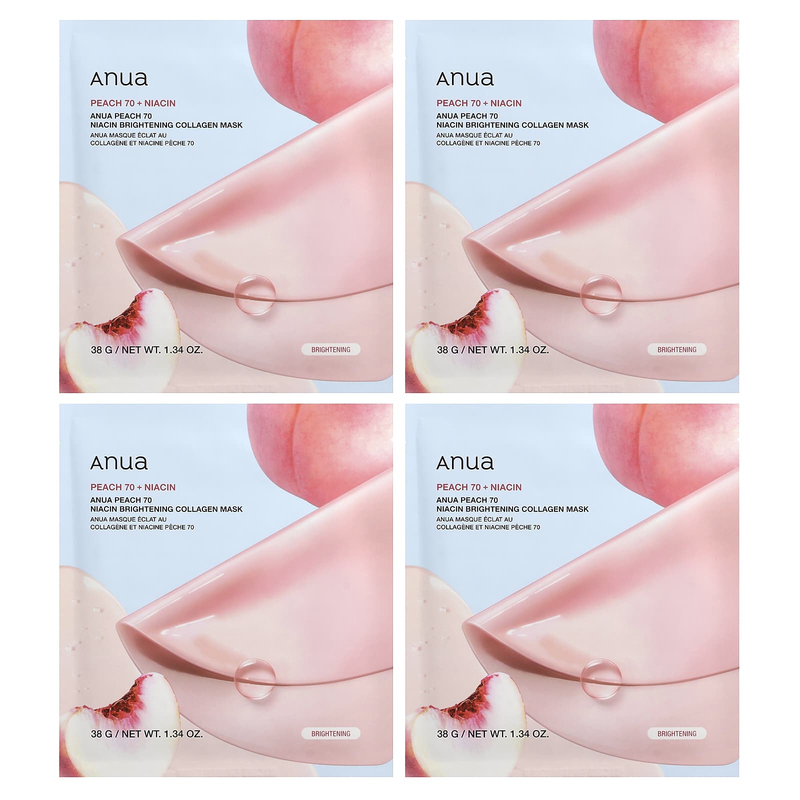 Anua, осветляющая маска с коллагеном, с персиком 70, ниацином, 4 шт. по 38 г (1,34 унции)