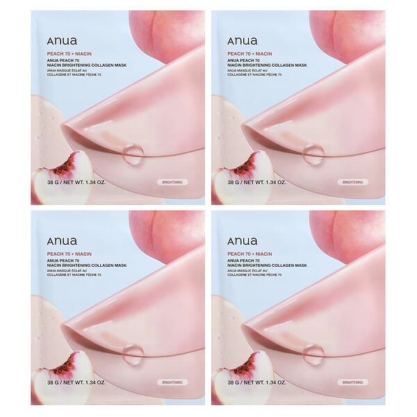 Anua, Peach 70 니아신 브라이트닝 콜라겐 뷰티 마스크, 4매, 각 38g(1.34oz)