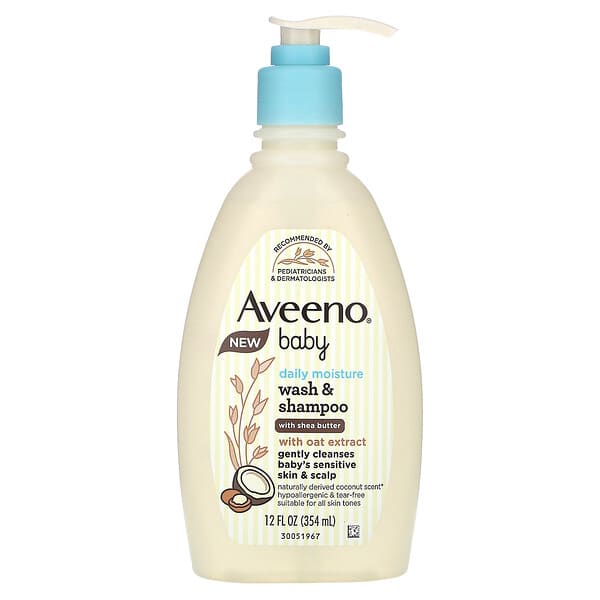 Aveeno, Baby, Daily Moisture Wash &amp; Shampoo, With Shea Butter, Coconut, 12 fl oz (354 ml)