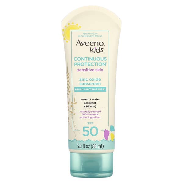 Aveeno, キッズ、Continuous Protection（コンティニュアスプロテクション）酸化亜鉛日焼け止め、敏感肌、SPF数値50、88ml（3液量オンス）