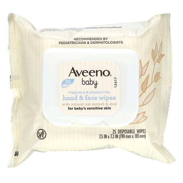 Aveeno, 嬰兒手部與面部濕巾，25片一次性濕巾