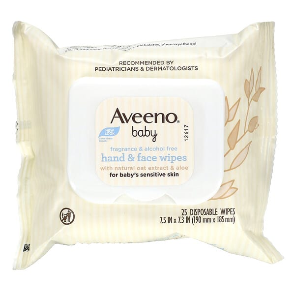 Aveeno, Baby（ベビー）ハンド＆フェイスワイプ、使い捨てシート25枚