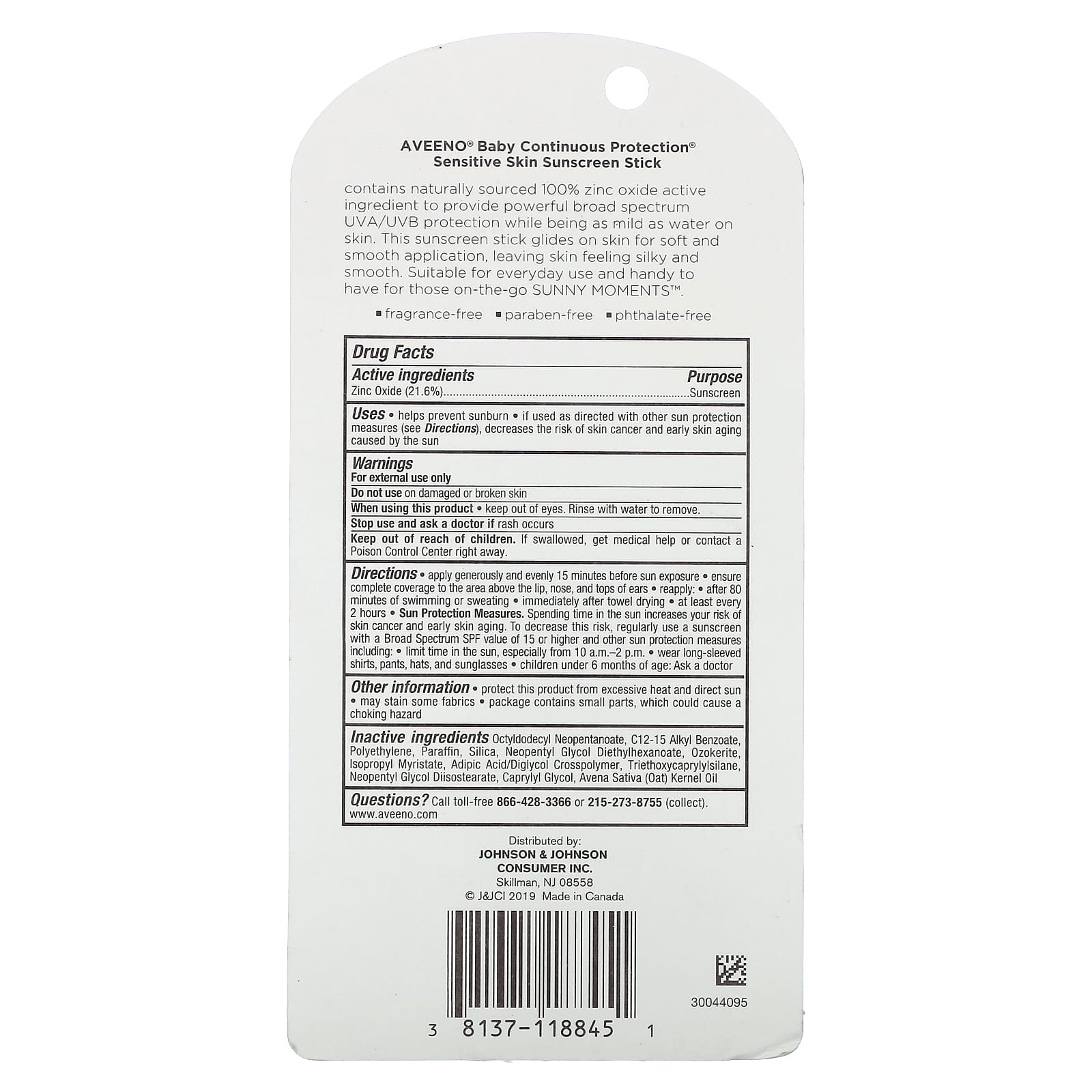 Aveeno, Baby, Zinc Oxide Sunscreen Stick, SPF 50, FragranceFree, 0.47