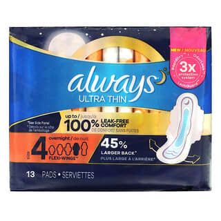 Always, Ultra Thin with Flexi-Wings, Size 4, Overnight, Unscented, 13 Pads