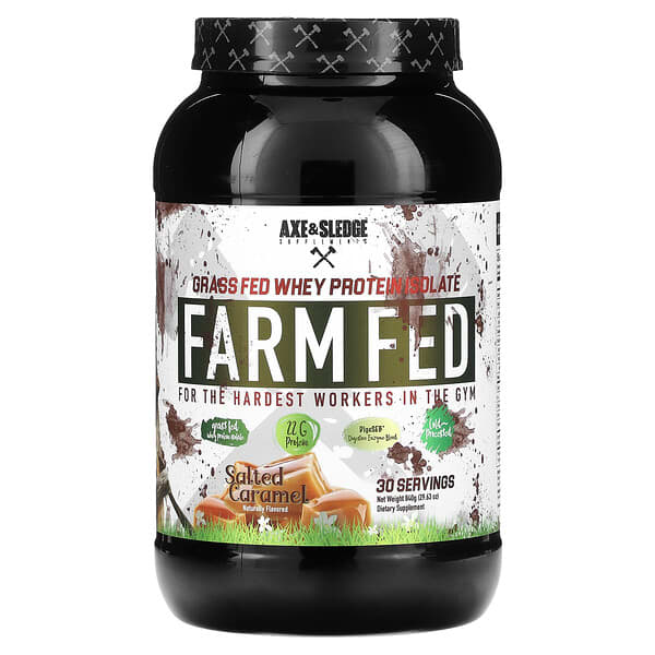 Axe &amp; Sledge Supplements, Farm Fed, Grass Fed Whey Protein Isolate, Salted Caramel, 29.63 oz (840 g)