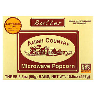 Amish Country Popcorn, Palomitas de maíz para microondas, Mantequilla, 3 bolsas de 99 g (3,5 oz) cada una