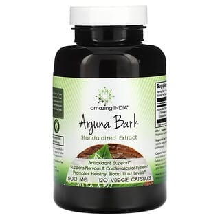 Amazing India, Кора арджуны, стандартизированный экстракт, 500 мг, 120 растительных капсул