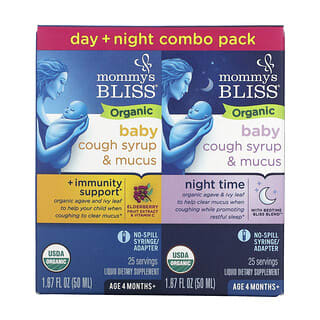 Mommy's Bliss, Bebé, Jarabe para la tos y mocos orgánicos, Paquete para el día y la noche, A partir de 4 meses`` Paquete de 2, 50 ml (1,67 oz. Líq.) Cada uno