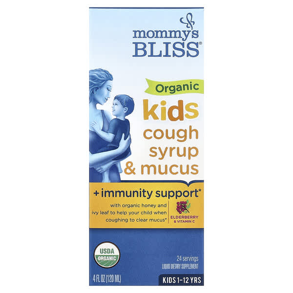 Kids Organic Cough Syrup & Mucus + Immunity Support, 1-12 Yrs, Elderberry, 4 fl oz (120 ml)