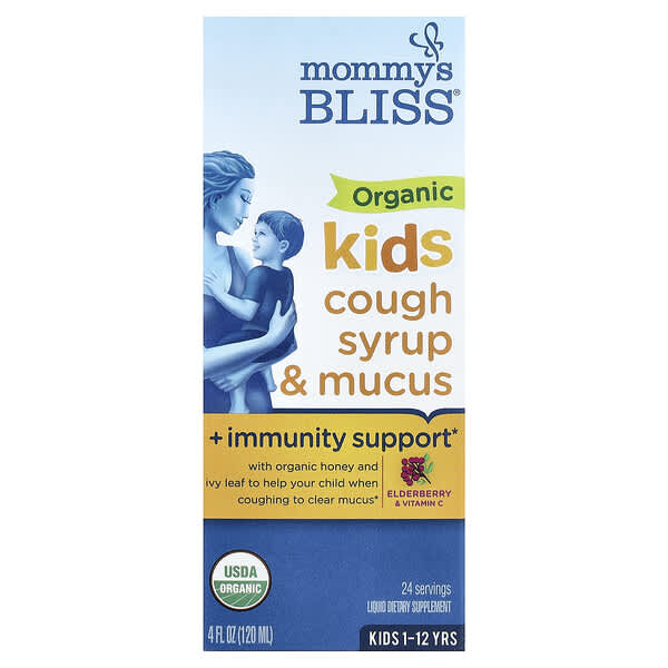 Mommy's Bliss, 유기농 어린이용 기침 시럽 및 콧물 시럽 + 면역력 강화, 1~12세, 엘더베리, 120ml(4fl oz)