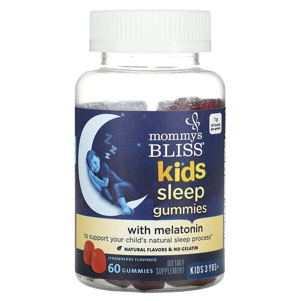 Mommy's Bliss, Kids Sleep Gummies + Melatonin, Fruchtgummis für besseren Schlaf für Kinder ab 3 Jahre, Erdbeergeschmack, 60 Fruchtgummis