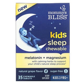 Mommy's Bliss, Comprimidos Mastigáveis Kids Sleep, Melatonina + Magnésio, Crianças a Partir de 3 Anos, Uva Natural, 35 Comprimidos Mastigáveis
