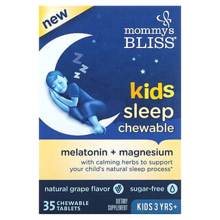 Mommy's Bliss, أقراص مضغ للأطفال للمساعدة على النوم، ميلاتونين + مغنيسيوم، للأطفال بعمر 3 سنوات فأكبر، عنب طبيعي، 35 قرص للمضغ