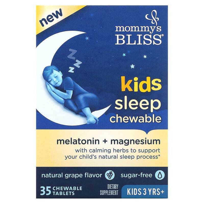 Mommys Bliss, детские жевательные таблетки для сна, мелатонин + магний, для детей от 3 лет, натуральный виноград, 35 жевательных таблеток