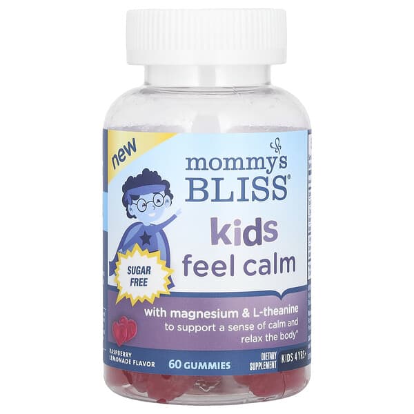 Mommy's Bliss, Kids Feel Calm Gummies with Magnesium &amp; L-Theanine, Sugar Free, 4 Yrs+, Raspberry Lemonade, 60 Gummies