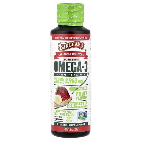 Barlean's, Seriously Delicious®, Plant Based Omega-3 fFom Flax Oil, Strawberry Banana Smoothie, 8 oz (227 g) — product photo 1