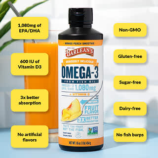 Barlean's, Seriously Delicious, Omega-3 From Fish Oil, Mango Peach Smoothie, 16 oz (454 g)