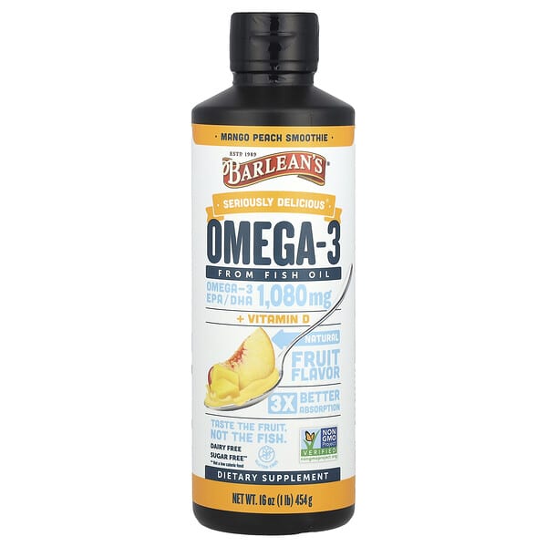 Barlean's Seriously Delicious®, Omega-3 From Fish Oil + Vitamin D, Mango Peach Smoothie, 16 oz (454 g)