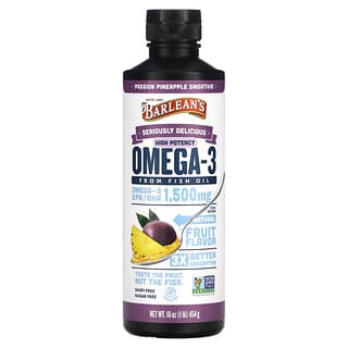 Barlean's, Seriously Delicious, Omega-3 From Fish Oil, High Potency, Passion Pineapple Smoothie, 1,500 mg, 1 lb (454 g)