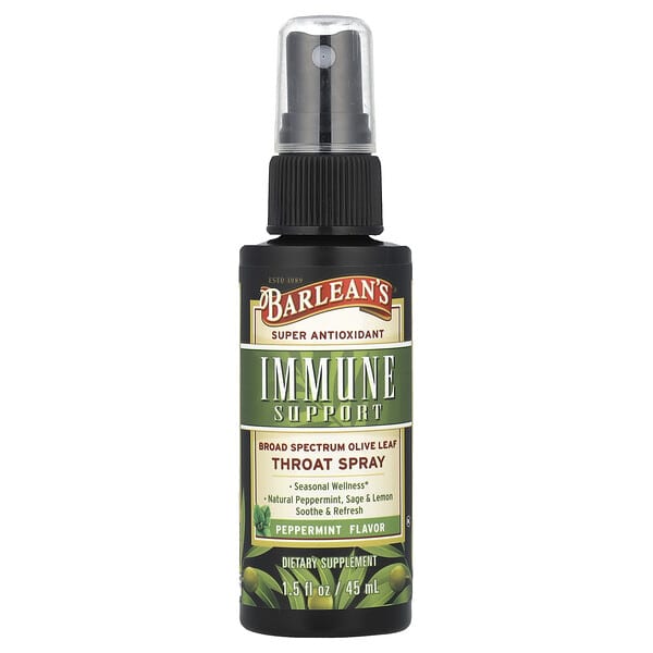 Barlean's, Immune Support, 브로드 스펙트럼 올리브 잎 인후 스프레이, 페퍼민트, 45ml(1.5fl oz)