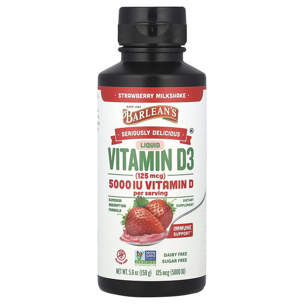 Barlean's Seriously Delicious, Liquid Vitamin D3, Strawberry Milkshake, 125 mcg (5000 IU), 5.6 oz (159 g)