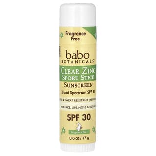 Babo Botanicals, Protector solar en barra para deportistas Clear Zinc, FPS 30, Sin fragancia, 17 g (0,6 oz)