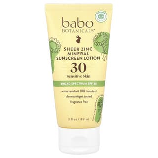 Babo Botanicals, Sheer Zinc, Lotion écran solaire minéral, Peaux sensibles, FPS 30, Sans parfum, 89 ml