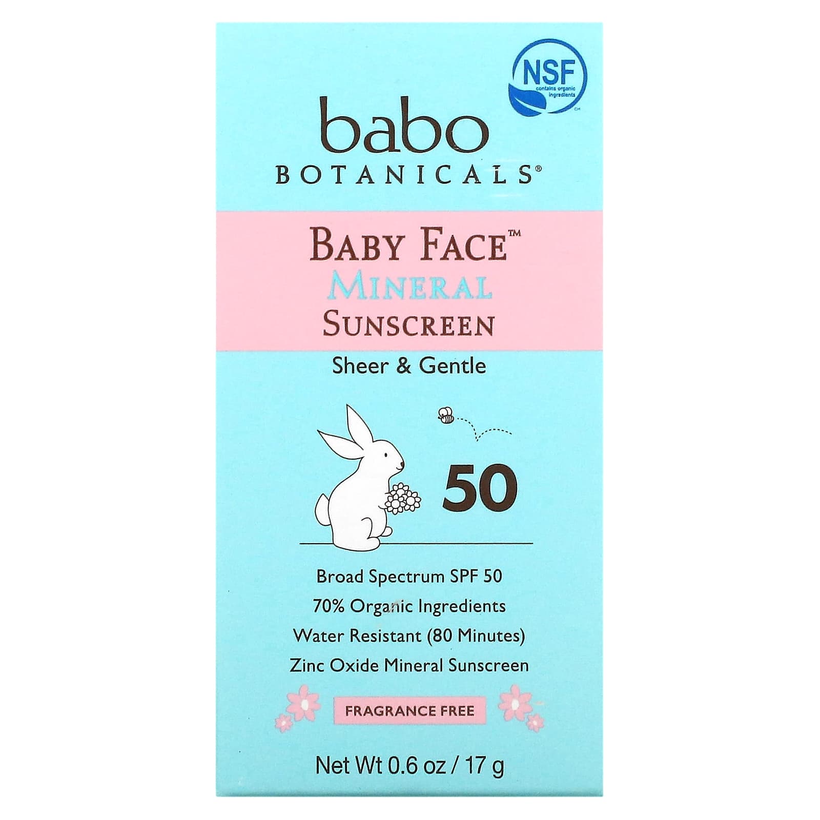 Babo Botanicals, Rostro de bebé, Protector solar mineral en barra, FPS 50,  17 g (0,6