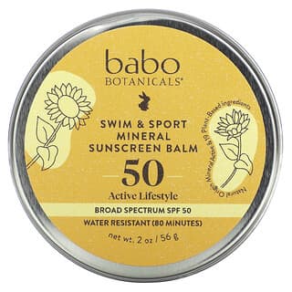 Babo Botanicals, Bálsamo con protector solar mineral Swim & Sport, FPS 50, Sin fragancia, 56 g (2 oz)
