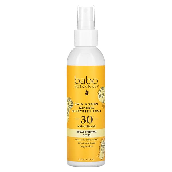 Babo Botanicals, Swim &amp; Sport, Mineral Sunscreen Spray, SPF 30, 6 fl oz (177 ml)