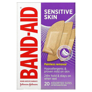 Band Aid, лейкопластыри, для чувствительной кожи, 20 штук разных размеров