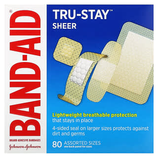 Band Aid, Adhesive Bandages, Tru-Stay, Sheer, Assorted, 80 Assorted Sizes