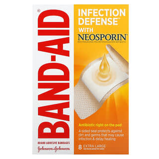 Band Aid, Bandaże samoprzylepne, neosporin chroniące przed infekcjami, bardzo duże, 8 bandaży