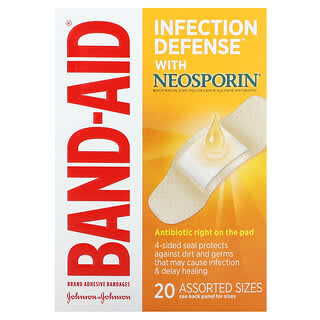 Band Aid, Vendajes adhesivos, Protección contra infecciones con Neosporin, Tamaños variados, 20 vendajes